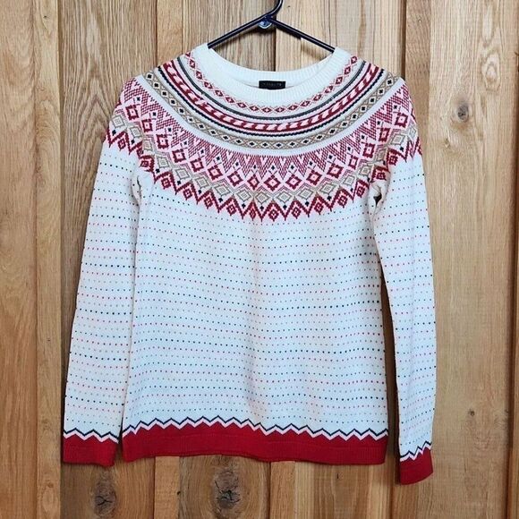 NEW Talbots Fair Isle Crew Neck Wool Knit Sweater, XS Petite, Red Cream & Black - Picture 1 of 6
